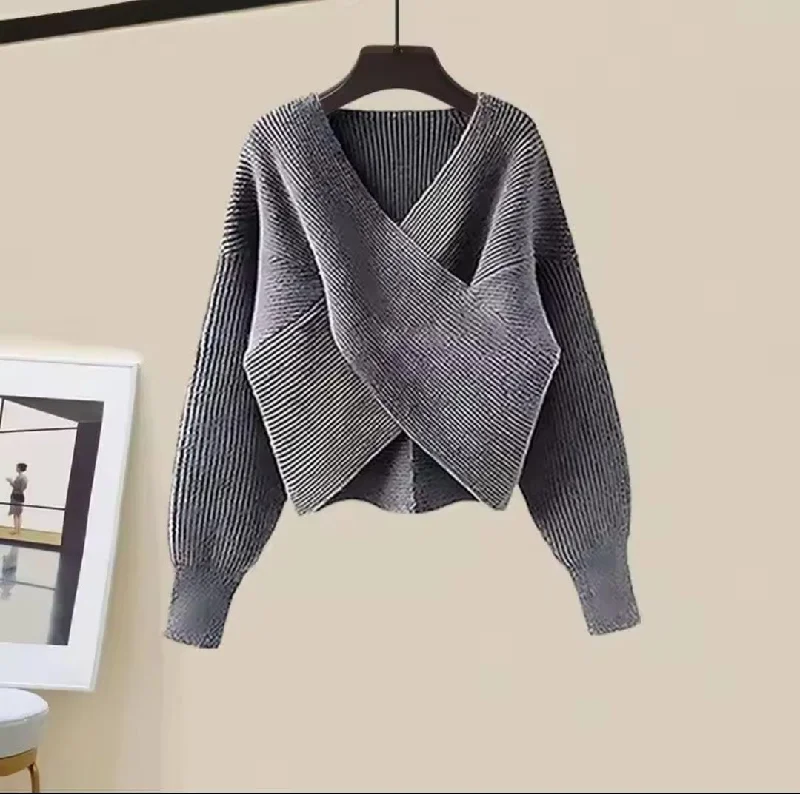 Autumn And Winter New Cross V-Neck knitted Sweater Skirt Set 57396 4XL Slim Fit Regular Fit Oversized Autumn And Winter New Cross V-Neck knitted Sweater Skirt Set 57396 4XL Slim Fit Regular Fit Oversized