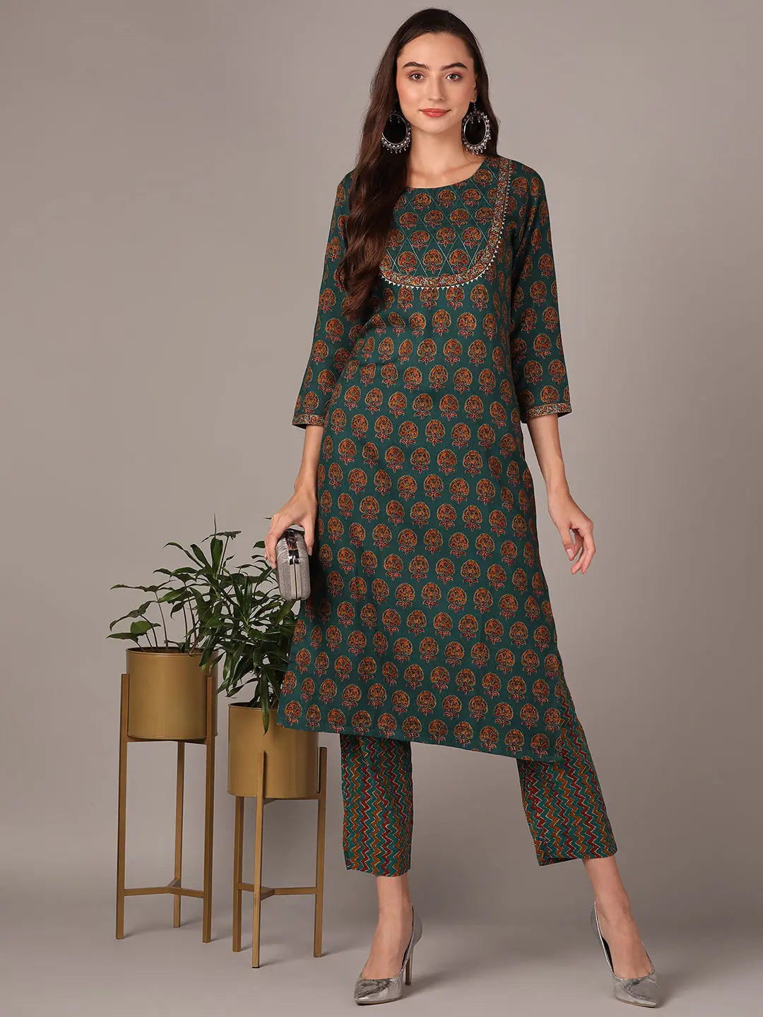 Ahika Women Green Cotton Blend Ethnic Motifs Printed Yoke Design Straight Kurta With Trouser Trousers cozy comfortable Ahika Women Green Cotton Blend Ethnic Motifs Printed Yoke Design Straight Kurta With Trouser Trousers cozy comfortable
