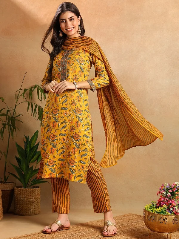 Yellow Rayon Blend Floral Printed Straight Kurta Trousers With Dupatta Trousers Floral Bohemian Yellow Rayon Blend Floral Printed Straight Kurta Trousers With Dupatta Trousers Floral Bohemian