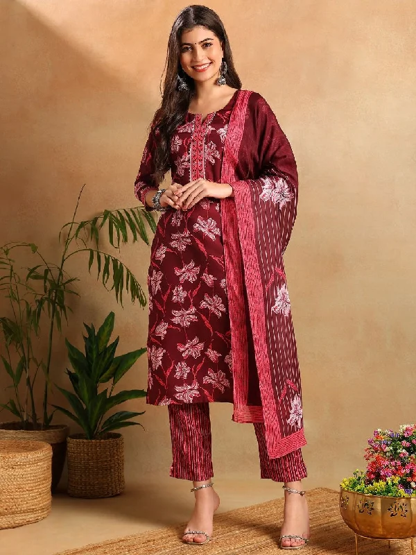 Maroon Rayon Blend Floral Printed Straight Kurta Trousers With Dupatta Trousers Velvet Soft Maroon Rayon Blend Floral Printed Straight Kurta Trousers With Dupatta Trousers Velvet Soft