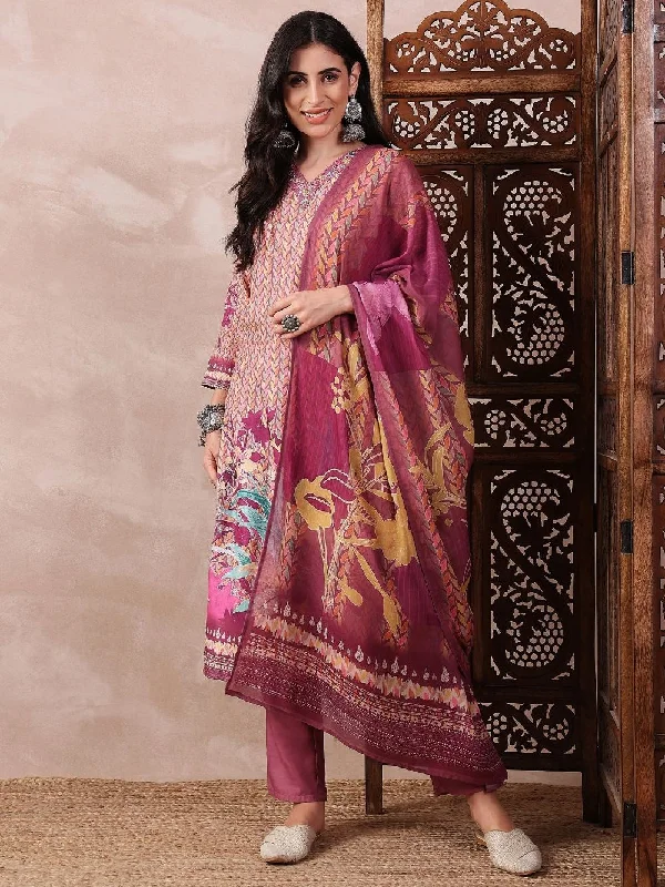 Multi Silk Blend Floral Printed Straight Kurta Trouser With Dupatta Trousers Gym Athletic Multi Silk Blend Floral Printed Straight Kurta Trouser With Dupatta Trousers Gym Athletic