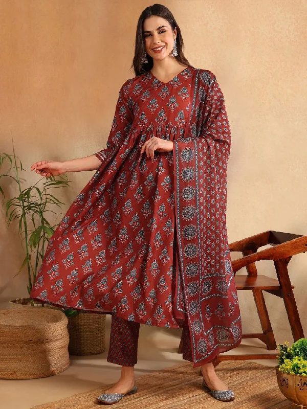 Brown Rayon Blend Floral Printed A-Line Kurta Trouser With Dupatta Trousers Wedding White Brown Rayon Blend Floral Printed A-Line Kurta Trouser With Dupatta Trousers Wedding White