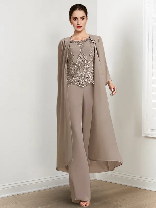 Chiffon Round Neck Floor-Length Mother Of The Bride Pantsuits With Jacket & Applique Welt Pockets Slit Pockets Flap Pockets Chiffon Round Neck Floor-Length Mother Of The Bride Pantsuits With Jacket & Applique Welt Pockets Slit Pockets Flap Pockets