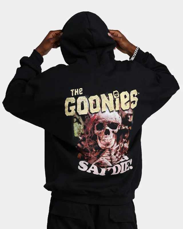 Goat Crew X The Goonies Goonies Hoodie Black Hoodie with Exposed Zipper Edgy Industrial Goat Crew X The Goonies Goonies Hoodie Black Hoodie with Exposed Zipper Edgy Industrial