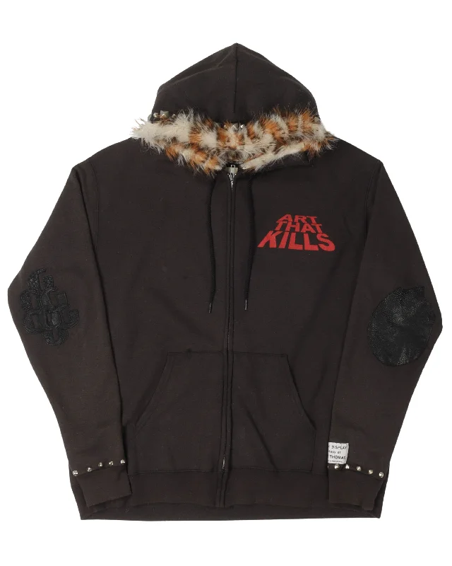"Art That Kills" Fur Lined Zip Up Hoodie Hoodie with Hem Ribbing Snug Secure