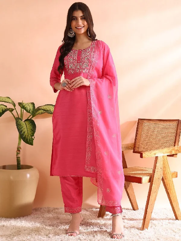 Pink Silk Blend Solid Embroidered Straight Kurta Trousers With Dupatta Trousers Vintage Classic Pink Silk Blend Solid Embroidered Straight Kurta Trousers With Dupatta Trousers Vintage Classic