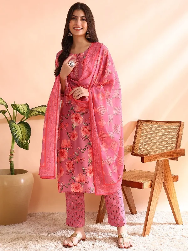 Pink Poly Rayon Floral Printed Straight Kurta Trousers With Dupatta Trousers Modern Contemporary Pink Poly Rayon Floral Printed Straight Kurta Trousers With Dupatta Trousers Modern Contemporary