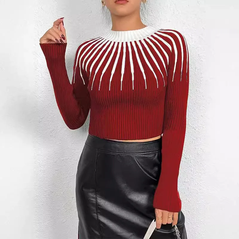 European And American Classic Striped Threaded Neckline Pullover Sweater Mock Neck Pullover European And American Classic Striped Threaded Neckline Pullover Sweater Mock Neck Pullover