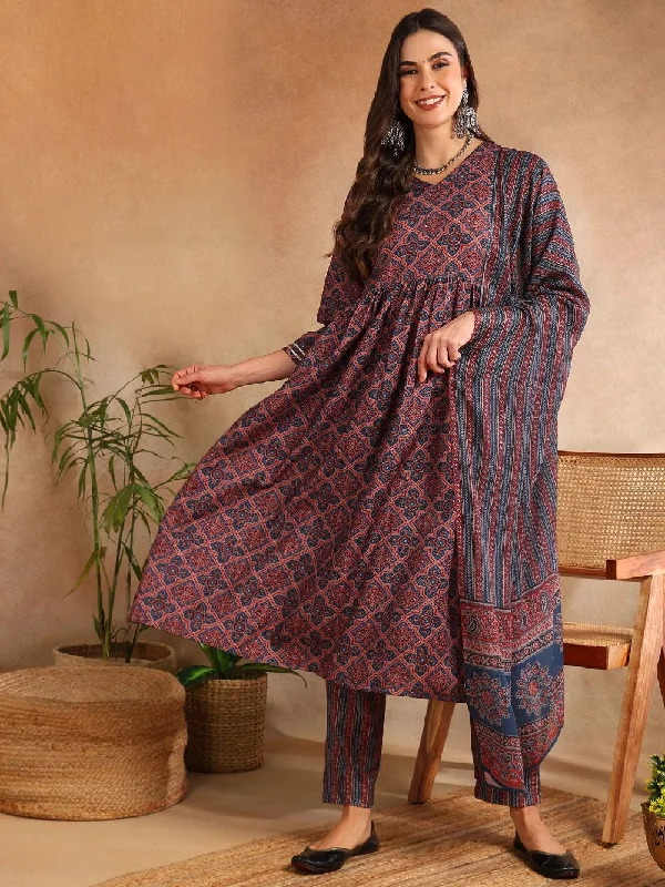 Maroon Rayon Blend Ajrakh Printed A-Line Kurta Trouser With Dupatta Trousers Party Sparkling Maroon Rayon Blend Ajrakh Printed A-Line Kurta Trouser With Dupatta Trousers Party Sparkling
