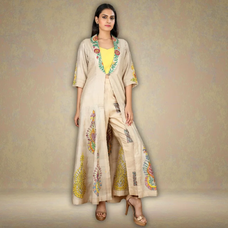 Niya Tussar Silk Floral Long Jacket | Madhubani Hand-Painted | Beige Chenille Fabric Brocade Fabric Lace Fabric Niya Tussar Silk Floral Long Jacket | Madhubani Hand-Painted | Beige Chenille Fabric Brocade Fabric Lace Fabric