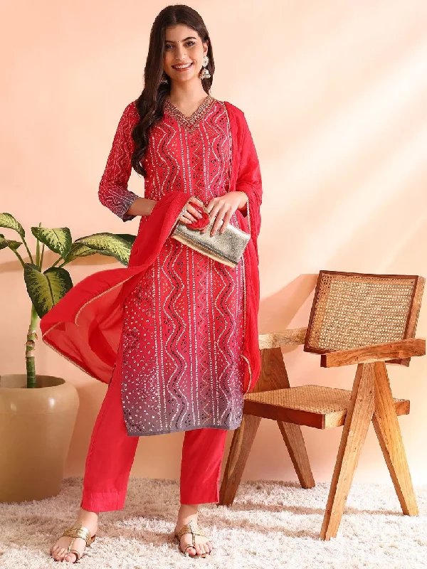 Red Silk Blend Bandhani Printed Straight Kurta Trousers With Dupatta Trousers Fall Fleece Red Silk Blend Bandhani Printed Straight Kurta Trousers With Dupatta Trousers Fall Fleece