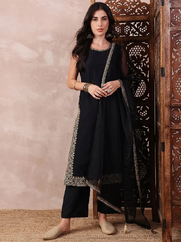 Black Silk Blend Solid Embroidered Straight Kurta Trouser With Dupatta Trousers Prom Sequined Black Silk Blend Solid Embroidered Straight Kurta Trouser With Dupatta Trousers Prom Sequined