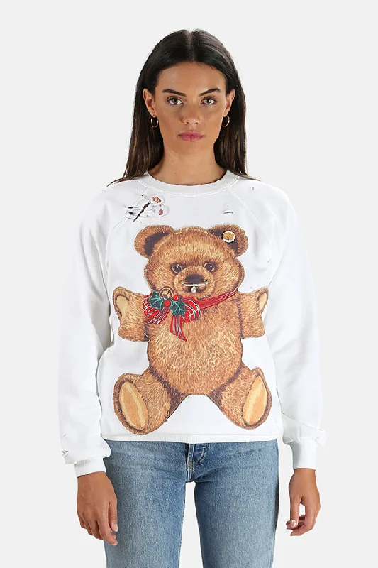 Punk Teddy Bear Crewneck Sweatshirt Dirty White Hoodie with Bell Sleeves Flared Feminine Punk Teddy Bear Crewneck Sweatshirt Dirty White Hoodie with Bell Sleeves Flared Feminine
