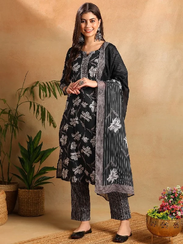 Black Rayon Blend Floral Printed Straight Kurta Trousers With Dupatta Trousers Corduroy Warm Black Rayon Blend Floral Printed Straight Kurta Trousers With Dupatta Trousers Corduroy Warm