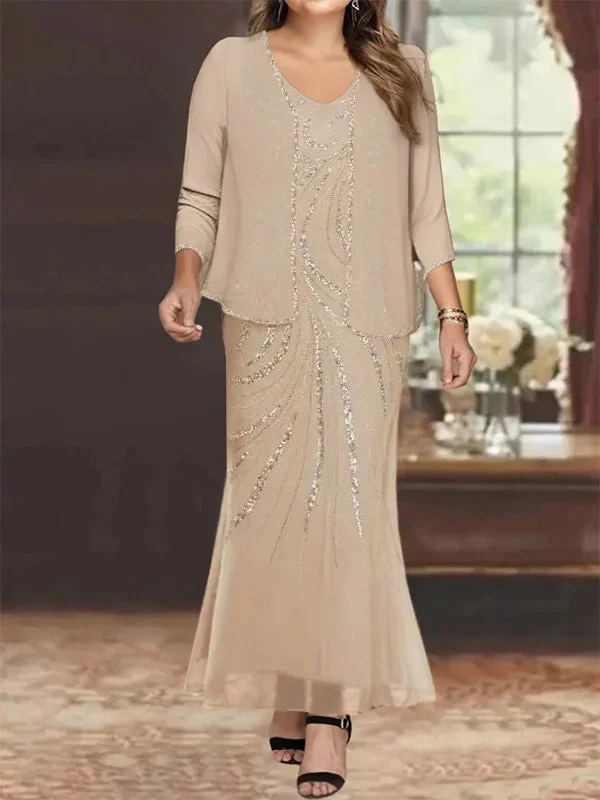 Sheath/Column V-Neck Ankle-Length Plus Size Mother of the Bride Dresses with Jacket & Sequins Boat Neck Shawl Collar Notched Collar Sheath/Column V-Neck Ankle-Length Plus Size Mother of the Bride Dresses with Jacket & Sequins Boat Neck Shawl Collar Notched Collar