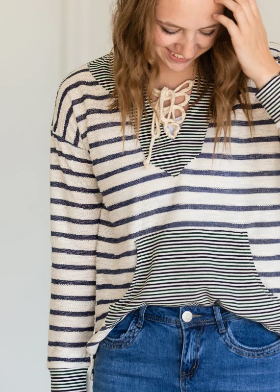 Mixed Stripe Lace Up Hooded Sweatshirt - FINAL SALE Hoodie with Cropped Fit Short Trendy Mixed Stripe Lace Up Hooded Sweatshirt - FINAL SALE Hoodie with Cropped Fit Short Trendy