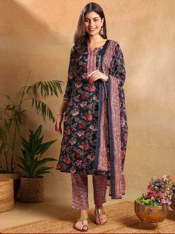 Navy Blue Rayon Blend Floral Printed Straight Kurta Trousers With Dupatta Trousers Polka Dot Cute Navy Blue Rayon Blend Floral Printed Straight Kurta Trousers With Dupatta Trousers Polka Dot Cute