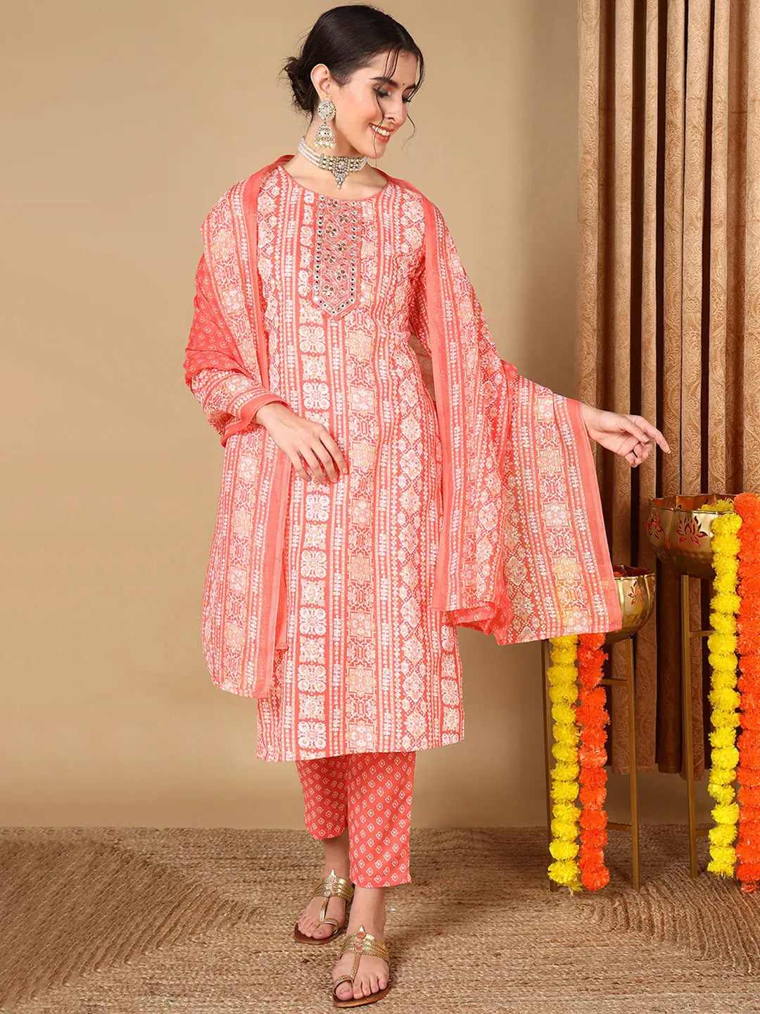 Ahika Women Peach Pure Cotton Ethnic Motifs Printed Embroidered Kurta Trouser With Dupatta Trousers trendy modern Ahika Women Peach Pure Cotton Ethnic Motifs Printed Embroidered Kurta Trouser With Dupatta Trousers trendy modern