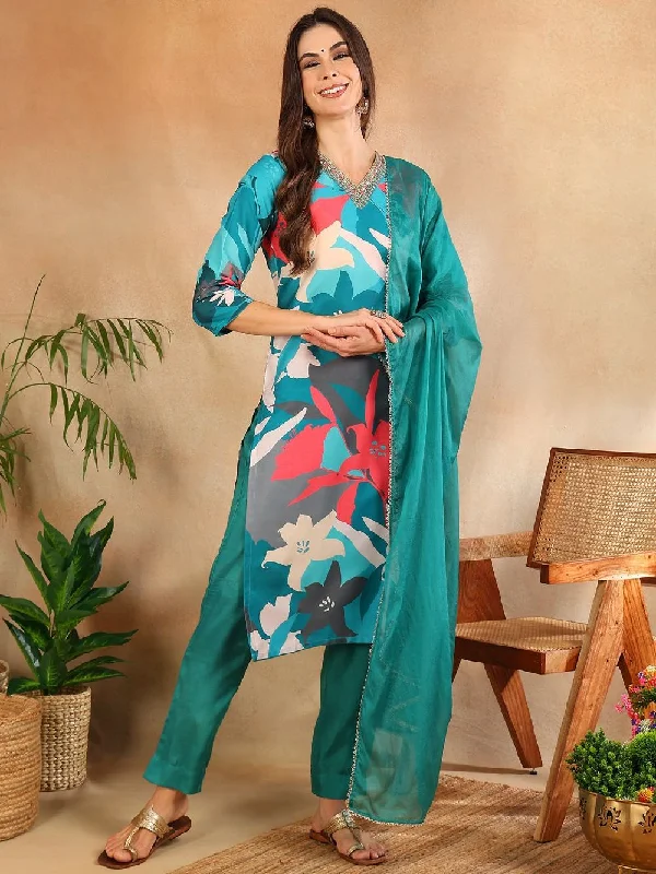 Teal Silk Blend Floral Printed Straight Kurta Trouser With Dupatta Trousers Mesh Breathable Teal Silk Blend Floral Printed Straight Kurta Trouser With Dupatta Trousers Mesh Breathable