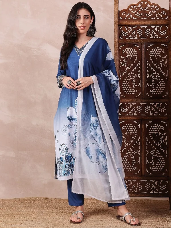 Blue Silk Blend Abstract Printed Straight Kurta Trouser With Dupatta Trousers Travel Practical Blue Silk Blend Abstract Printed Straight Kurta Trouser With Dupatta Trousers Travel Practical