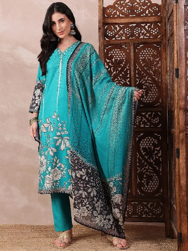 Green Silk Blend Floral Printed Straight Kurta Trouser With Dupatta Trousers Trousers Formal Green Silk Blend Floral Printed Straight Kurta Trouser With Dupatta Trousers Trousers Formal