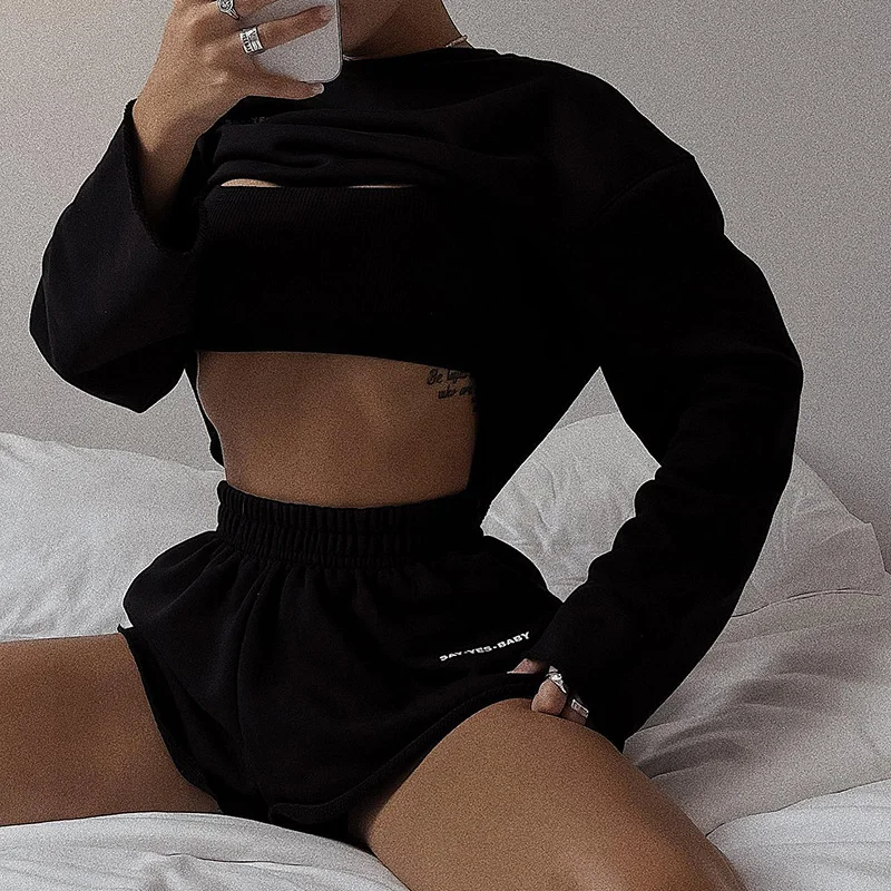 Women Fashion Athleisure Solid Color Long-Sleeved Pullover Top Casual Shorts Casual Sports Set Flare Sleeve Stylish