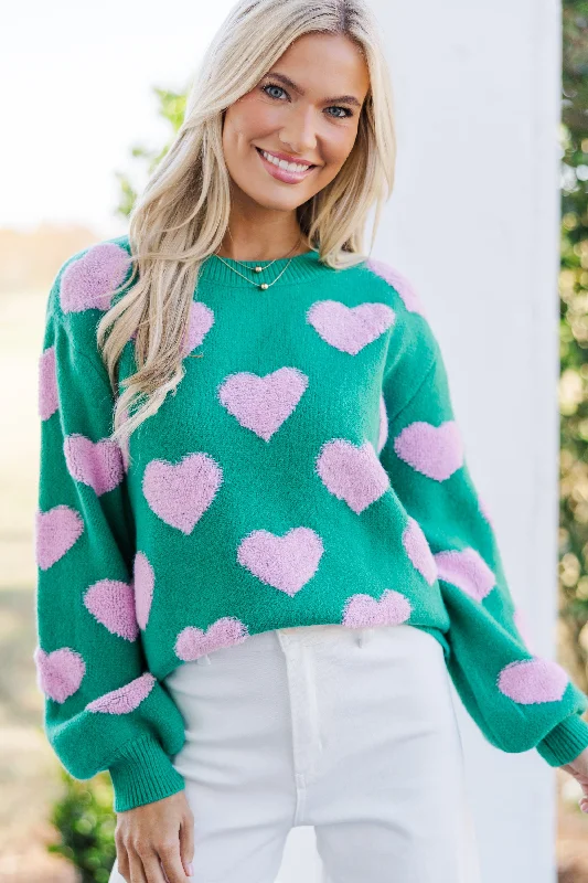 I'll Be there Green Fuzzy Heart Sweater Boat Neck Shawl Collar Notched Collar