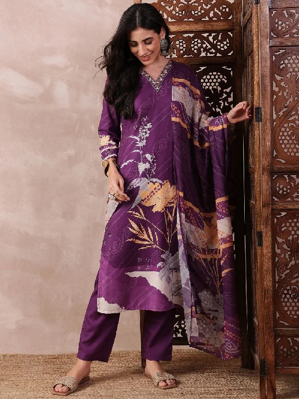 Purple Silk Blend Floral Printed Straight Kurta Trouser With Dupatta Trousers Chinos Classic Purple Silk Blend Floral Printed Straight Kurta Trouser With Dupatta Trousers Chinos Classic