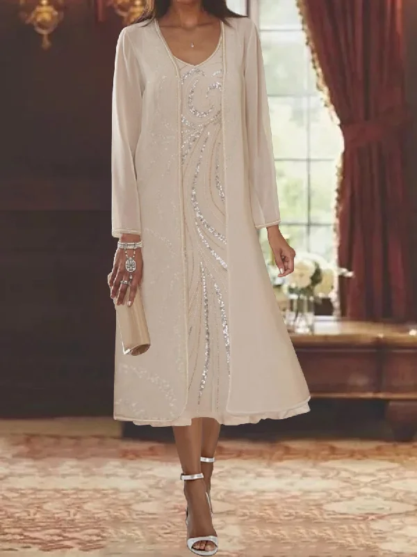 Sheath/Column V-Neck Long Sleeves Tea-Length Mother of the Bride Dresses with Jacket & Sequins Print Jacket Jacquard Jacket Embroidered Jacket Sheath/Column V-Neck Long Sleeves Tea-Length Mother of the Bride Dresses with Jacket & Sequins Print Jacket Jacquard Jacket Embroidered Jacket