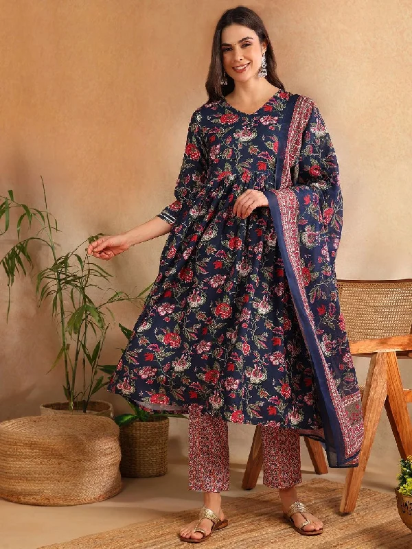 Navy Blue Rayon Blend Floral Printed A-Line Kurta Trouser With Dupatta Trousers Evening Elegant Navy Blue Rayon Blend Floral Printed A-Line Kurta Trouser With Dupatta Trousers Evening Elegant