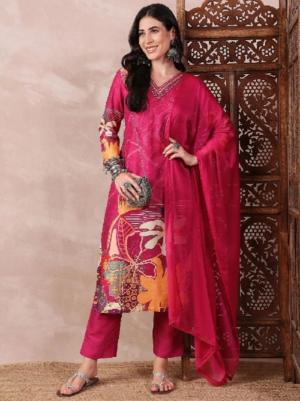 Pink Silk Blend Floral Printed Straight Kurta Trouser With Dupatta Trousers Winter Warm Pink Silk Blend Floral Printed Straight Kurta Trouser With Dupatta Trousers Winter Warm