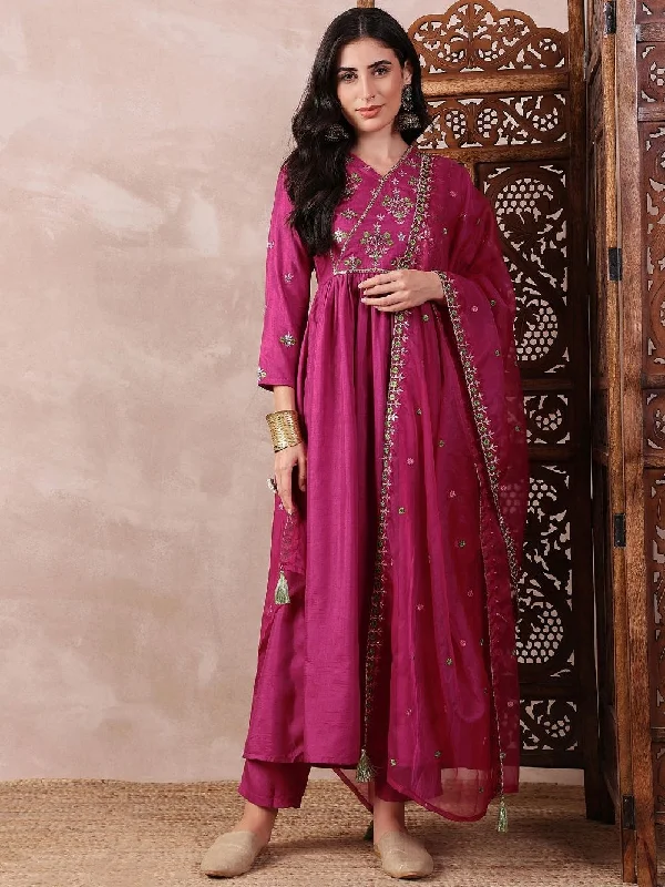 Pink Silk Blend Solid Embroidered A-Line Kurta Trouser With Dupatta Trousers Canvas Durable Pink Silk Blend Solid Embroidered A-Line Kurta Trouser With Dupatta Trousers Canvas Durable