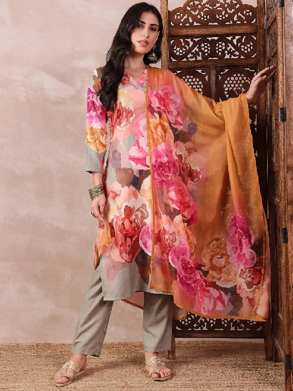 Olive Silk Blend Floral Printed Straight Kurta Trouser With Dupatta Trousers Party Sparkling Olive Silk Blend Floral Printed Straight Kurta Trouser With Dupatta Trousers Party Sparkling