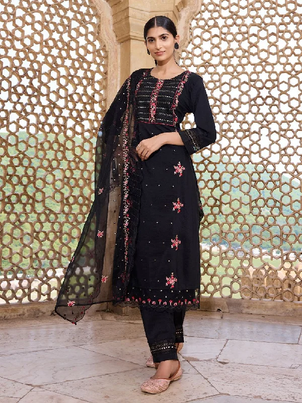 Black Silk Blend Solid Embroidered Straight Kurta Trouser With Dupatta Trousers Satin Smooth Black Silk Blend Solid Embroidered Straight Kurta Trouser With Dupatta Trousers Satin Smooth