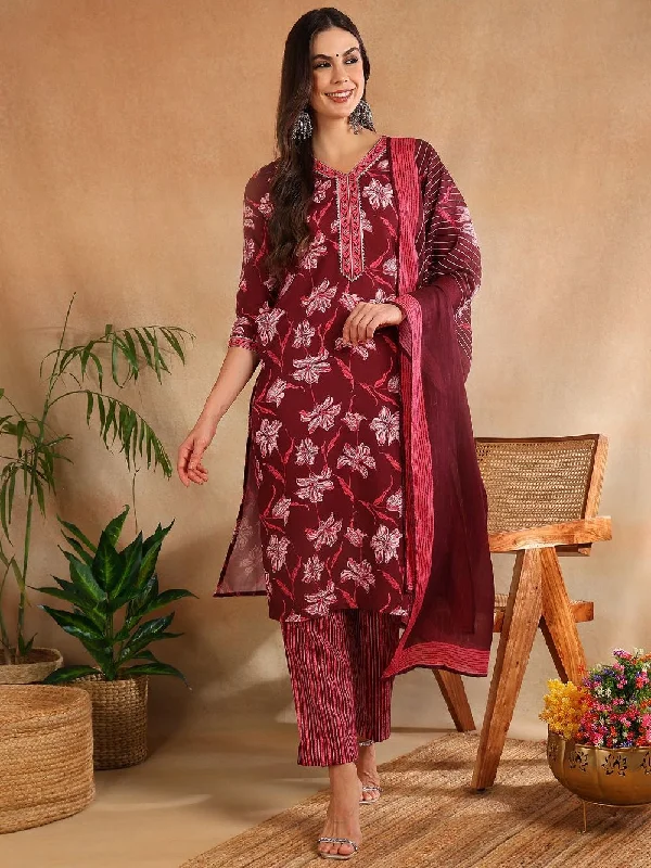 Maroon Rayon Blend Floral Printed Straight Kurta Trouser With Dupatta Trousers Yoga Stretchy Maroon Rayon Blend Floral Printed Straight Kurta Trouser With Dupatta Trousers Yoga Stretchy