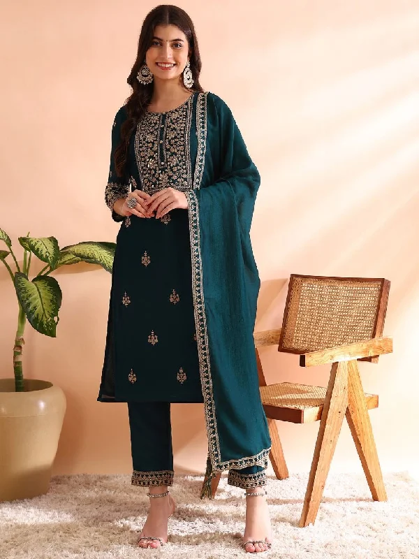 Teal Silk Blend Solid Embroidered Straight Kurta Trousers With Dupatta Trousers Designer Luxury Teal Silk Blend Solid Embroidered Straight Kurta Trousers With Dupatta Trousers Designer Luxury