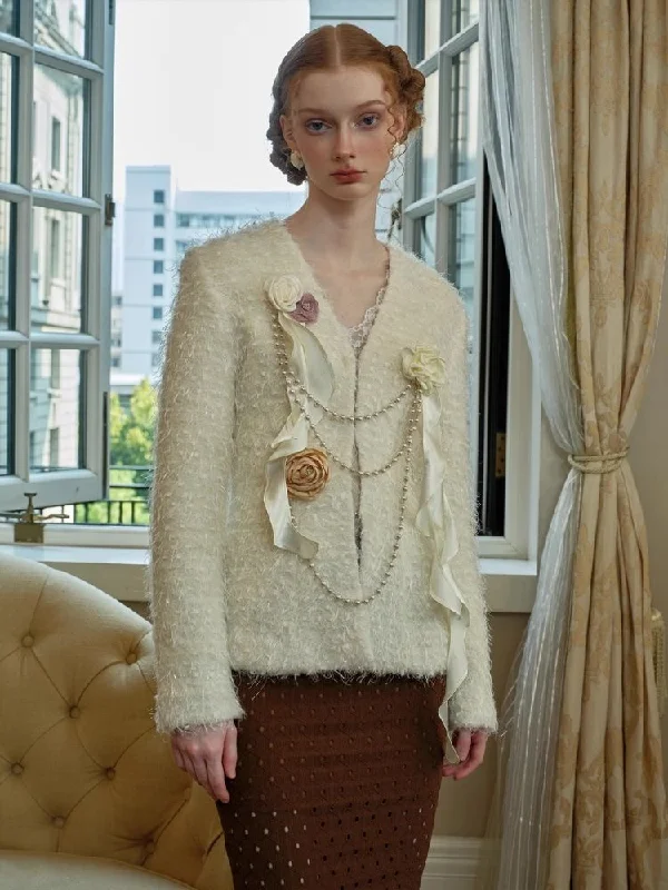 White Fur Flower Short Jacket【s0000005443】 Oversized Jacket Tailored Jacket Straight Jacket White Fur Flower Short Jacket【s0000005443】 Oversized Jacket Tailored Jacket Straight Jacket