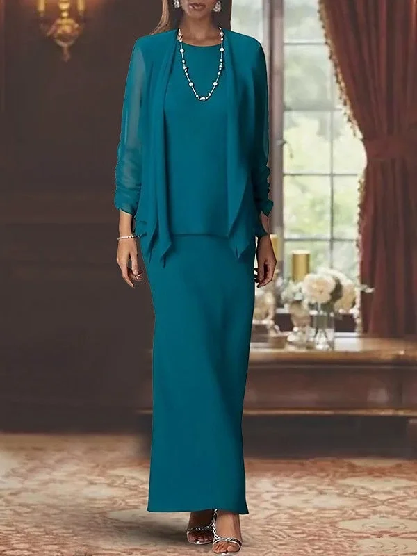Sheath/Column Scoop Neck Long Sleeves Floor-Length Mother of the Bride Dresses with Jacket One-Shoulder Jacket Off-the-Shoulder Jacket Asymmetrical Jacket Sheath/Column Scoop Neck Long Sleeves Floor-Length Mother of the Bride Dresses with Jacket One-Shoulder Jacket Off-the-Shoulder Jacket Asymmetrical Jacket