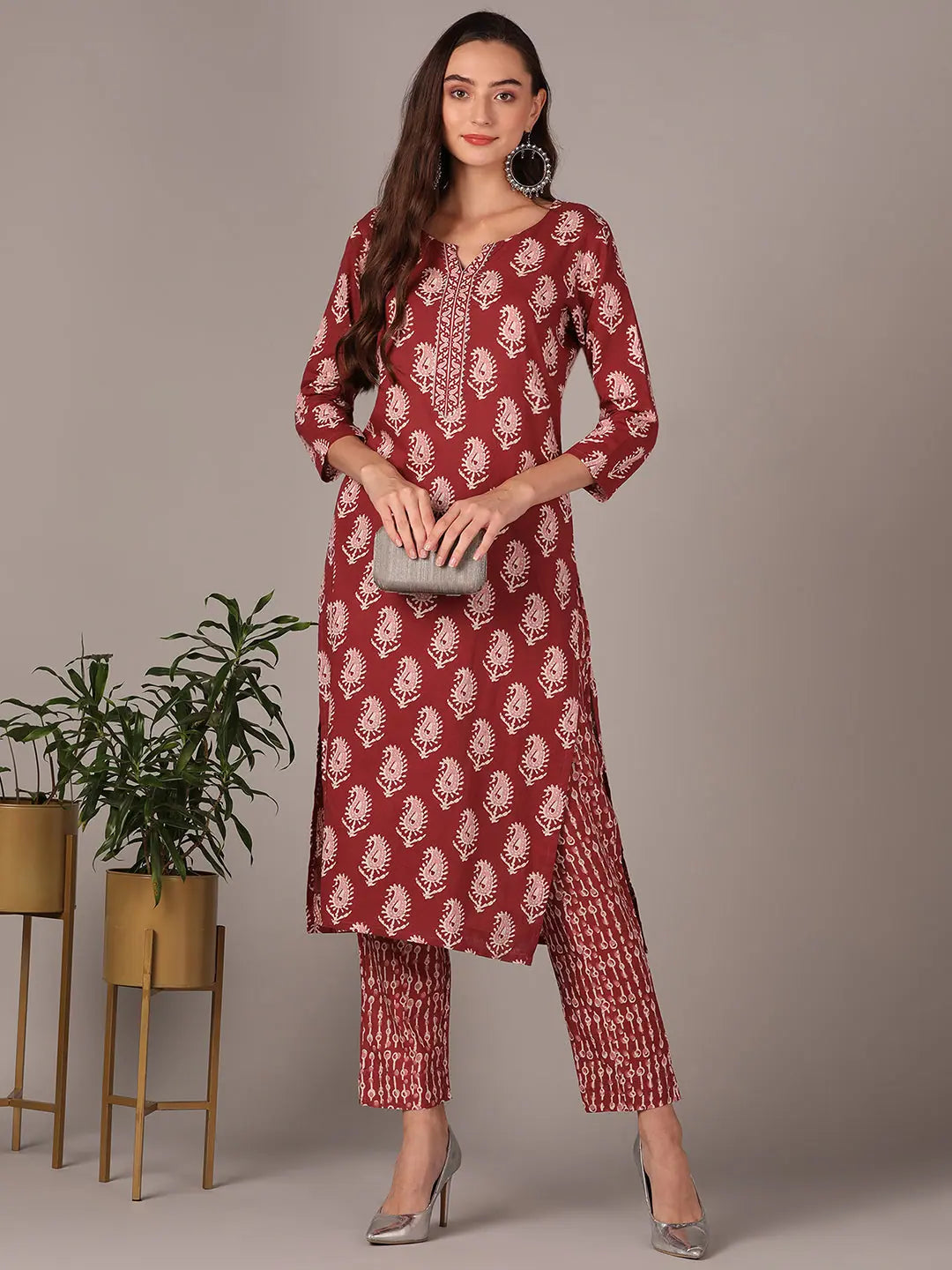 Ahika Women Mauve Cotton Blend Paisley Printed Straight Kurta With Trouser Trousers sophisticated sleek Ahika Women Mauve Cotton Blend Paisley Printed Straight Kurta With Trouser Trousers sophisticated sleek