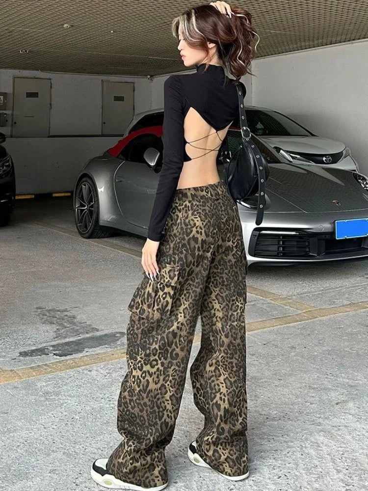 Advbridge Leopard Print Pants Women Y2K High Waist Multiple Pockets Vintage Trousers Streetwear Hip Hop Loose Wide Leg Cargo Jeans Trousers Denim Blue Advbridge Leopard Print Pants Women Y2K High Waist Multiple Pockets Vintage Trousers Streetwear Hip Hop Loose Wide Leg Cargo Jeans Trousers Denim Blue