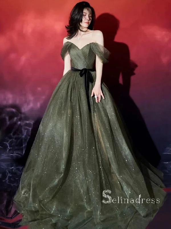 Chic A-line Off-the-shoulder Dark Green Long Prom Dresses Sparkly Evening Dress MSK002 Chic A-line Off-the-shoulder Dark Green Long Prom Dresses Sparkly Evening Dress MSK002