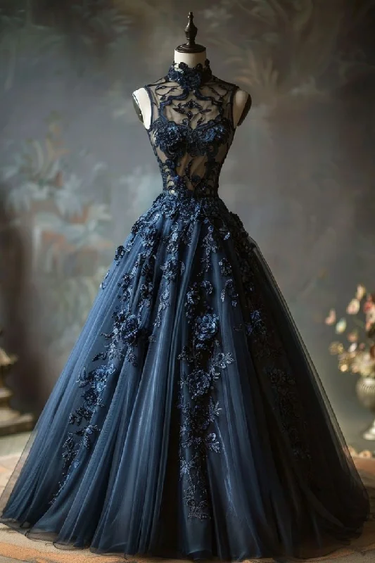 Luxury A Line Navy Blue Tulle 3D Flowers High Neck Long Evening Dress Ball Gown cc2420 Luxury A Line Navy Blue Tulle 3D Flowers High Neck Long Evening Dress Ball Gown cc2420