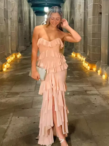 Elegant Pink Strapless Chiffon Slit Evening Dress Ruffles Party Prom Dress cc2414