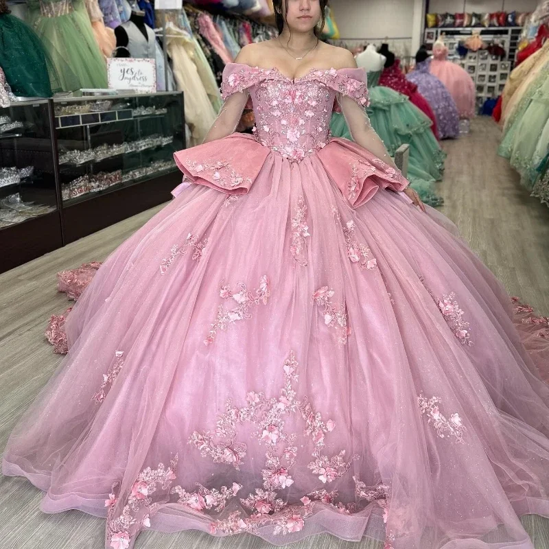 Pink Sparkly Princess Quinceanera Dresses Floral Applique Lace Beads Corset vestidos de 15 quinceañera 2024 Prom Lace Up Pink Sparkly Princess Quinceanera Dresses Floral Applique Lace Beads Corset vestidos de 15 quinceañera 2024 Prom Lace Up