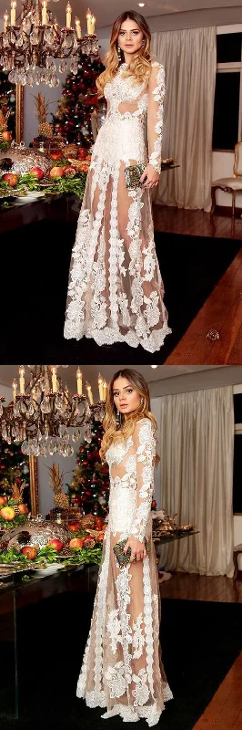 A-Line Bateau Long Sleeves Floor-Length White Tulle Prom Dress With Appliques cg17726 A-Line Bateau Long Sleeves Floor-Length White Tulle Prom Dress With Appliques cg17726