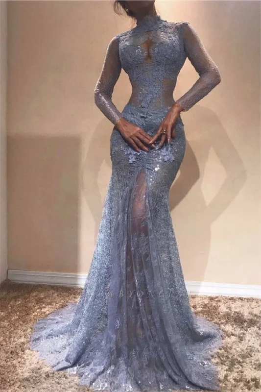Long Sleeves Lace-Appliques Prom Dresses | High Neck Mermaid Evening Gowns,DS4525