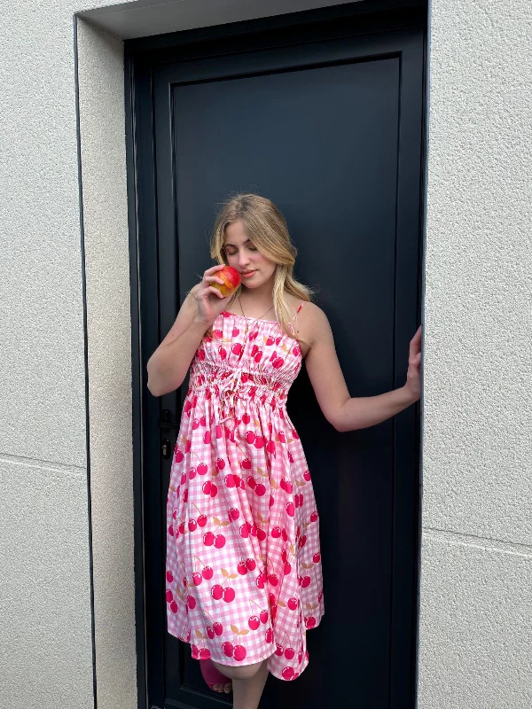 Pink 1950s Cherry Spaghetti Strap Dress
