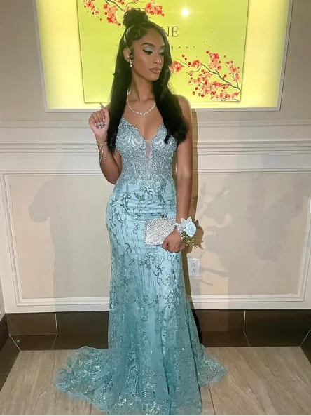 Charming Spaghetti Straps Tulle Lace Mermiad Prom Dress Blue V Neck Prom Evening Gown cc2445 Charming Spaghetti Straps Tulle Lace Mermiad Prom Dress Blue V Neck Prom Evening Gown cc2445