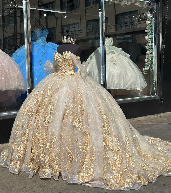 Champagne Quinceanera Dresses With 3D Floral Applique Mexican Vestidos De 15 Anos Beading lace-up prom Sweet 16 dress Champagne Quinceanera Dresses With 3D Floral Applique Mexican Vestidos De 15 Anos Beading lace-up prom Sweet 16 dress