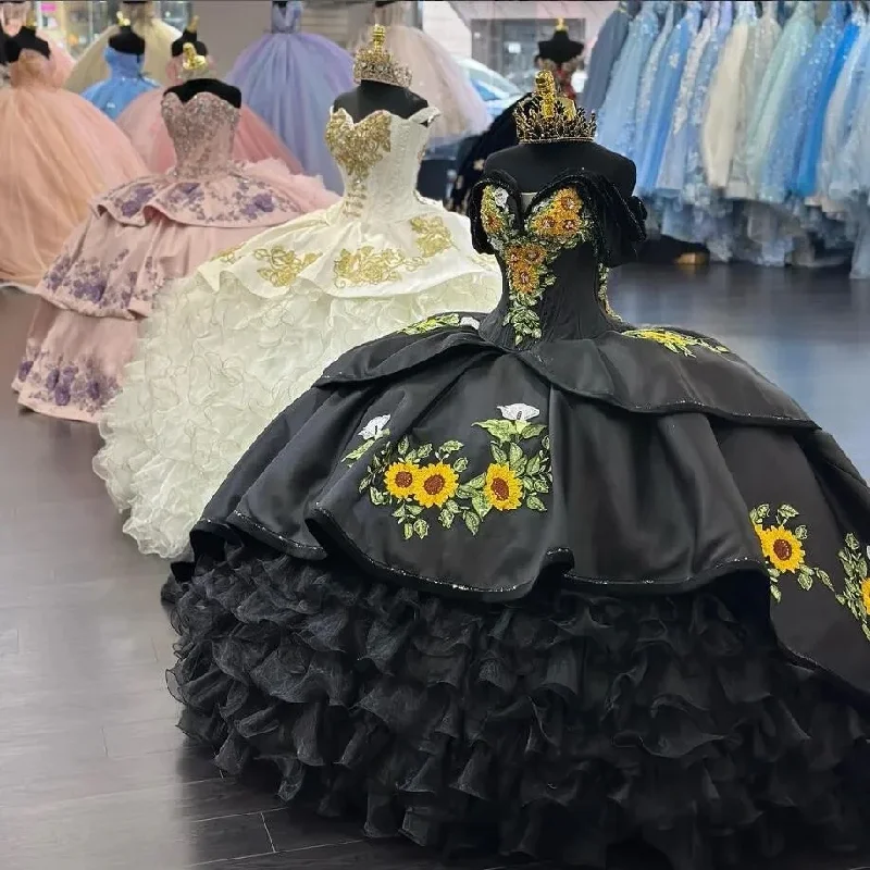 Black Quinceanera Dresses Off Shoulder Sunflower Embroidery Sweet 15